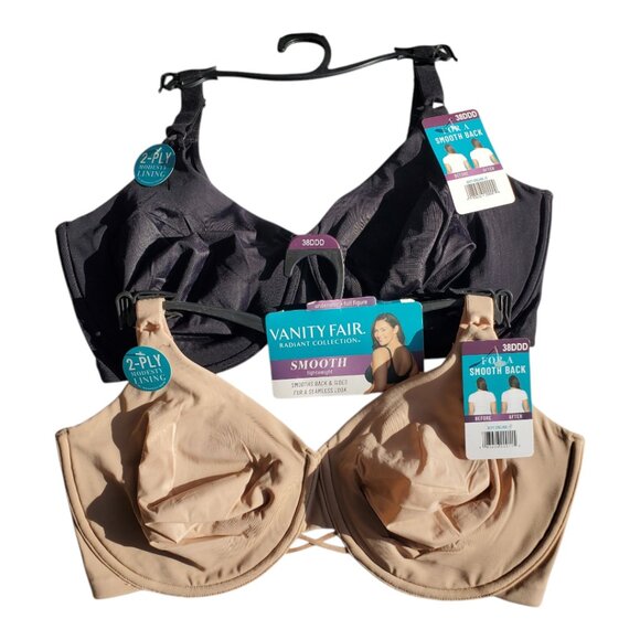 2Pk NWT Vanity Fair SZ 38DDD Radiant Collection Womens Underwire Bras Tan&Black - Picture 1 of 8